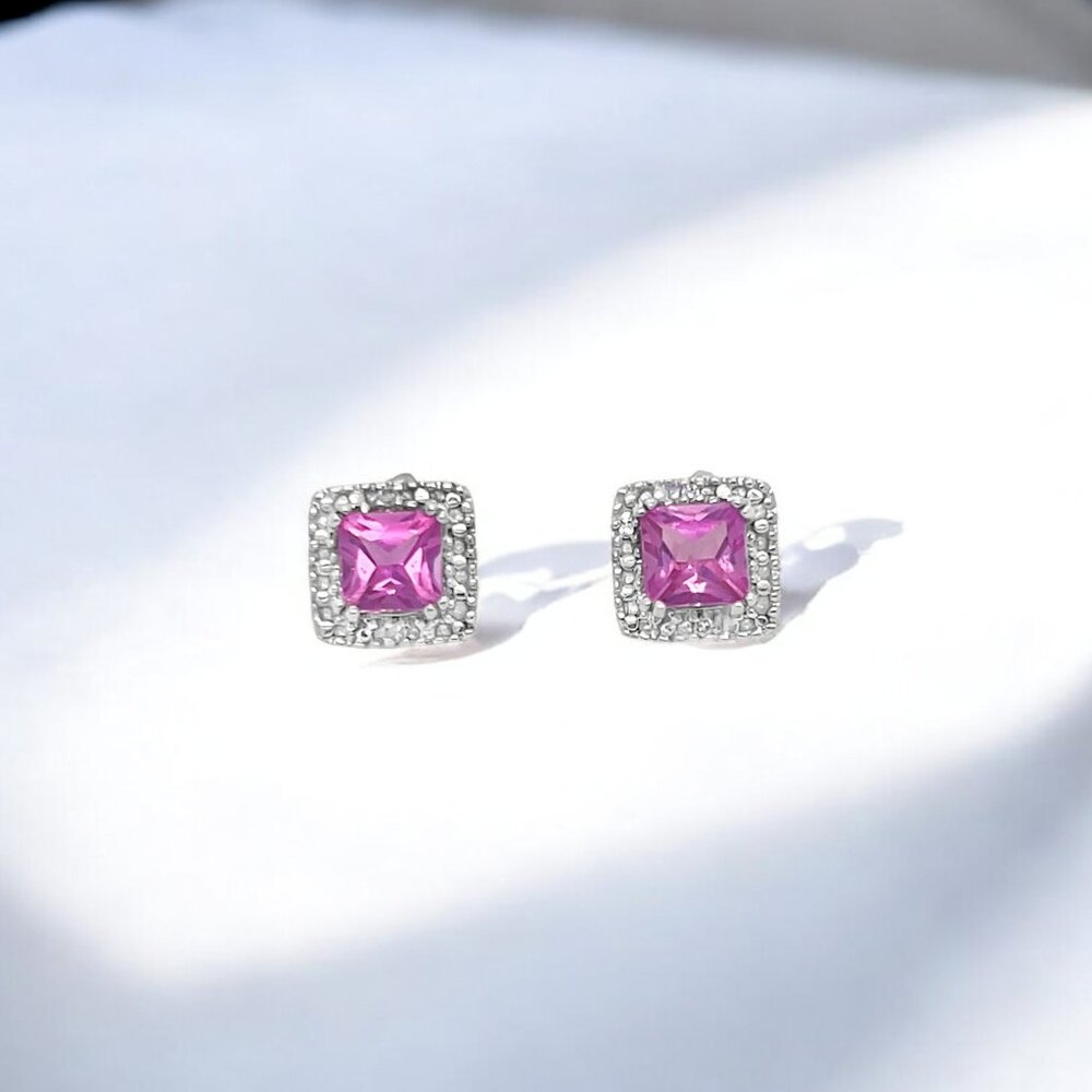 Princess Cut Lab Created Pink Sapphire Halo Earrings in 10kt White Gold